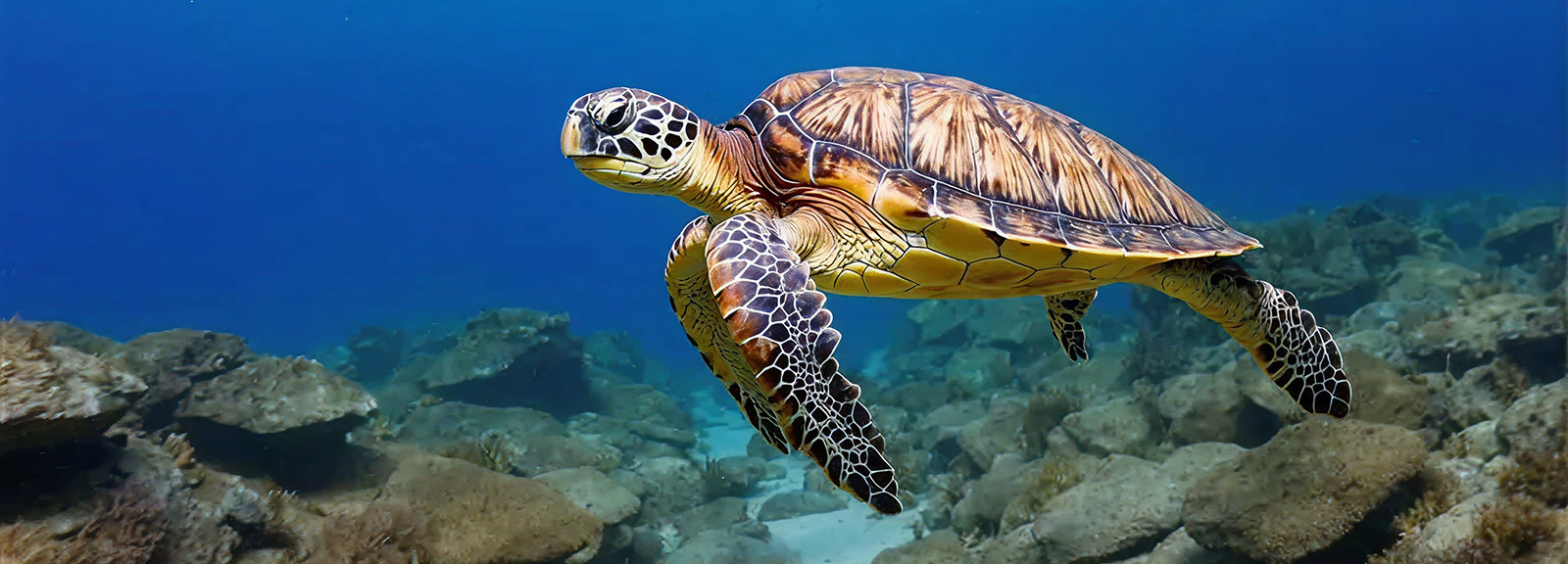Sea turtle swimming underwater with text about environmental commitment.