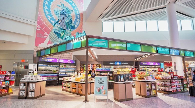 Store interior with bright aisles, product displays, and a large decorative mural overhead.